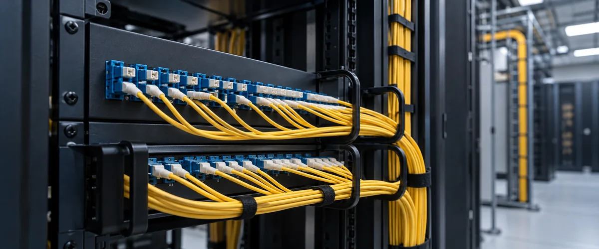 Painéis de distribuição óptica com cordões amarelos organizados em rack de sala técnica; imagem ilustrativa