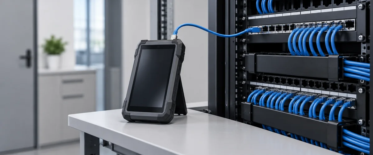 Instrumento de teste conectado a painel de rede em rack de cabeamento estruturado; imagem ilustrativa