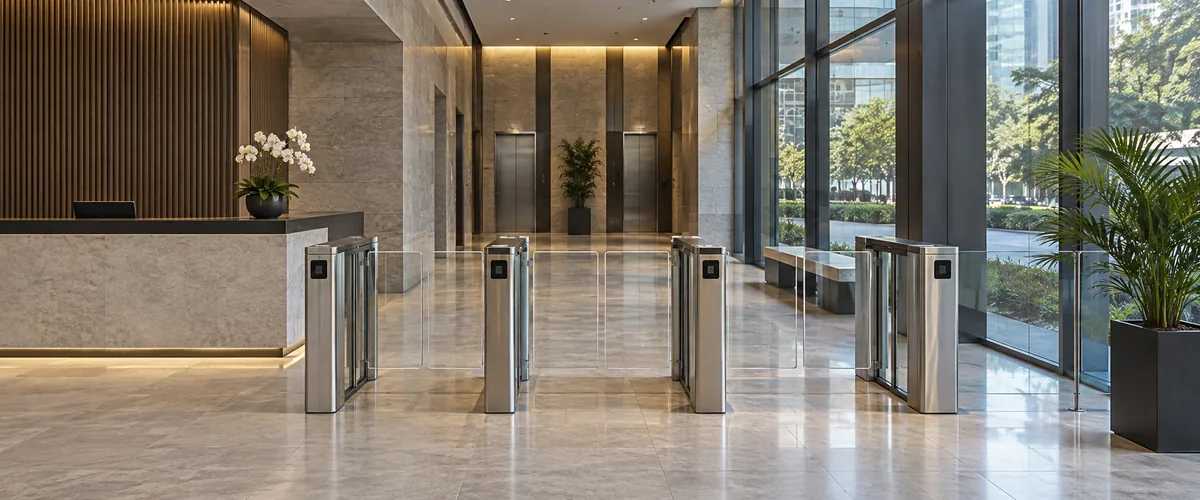 Hall corporativo com barreiras de vidro, leitores de acesso e recepção ao fundo