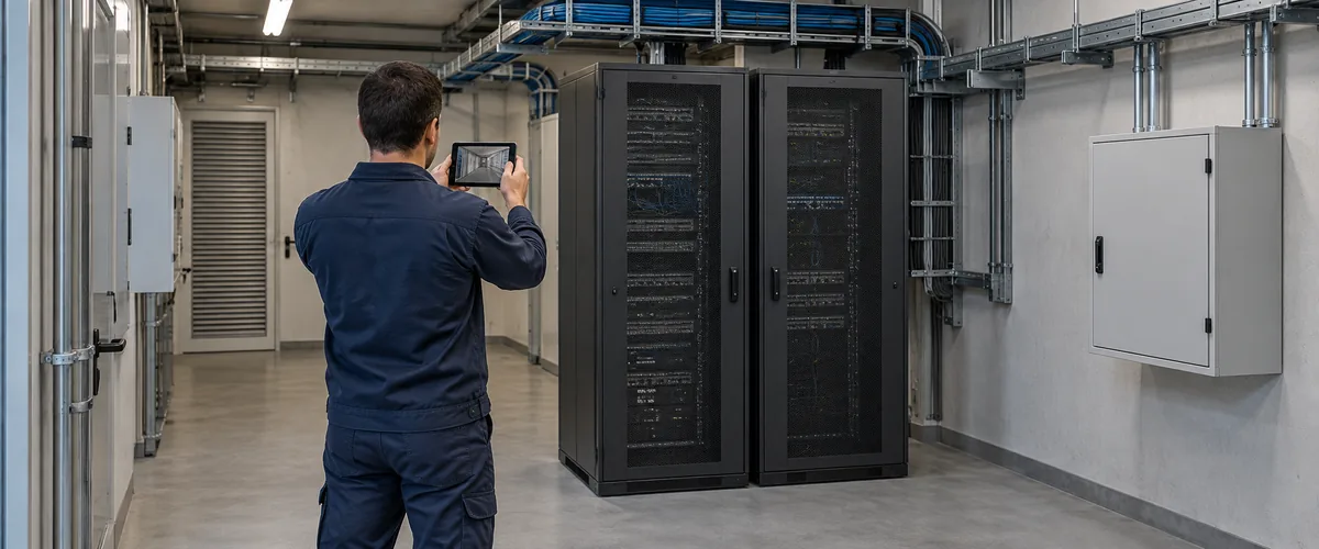 Profissional documentando sala técnica com racks fechados e rotas de cabeamento