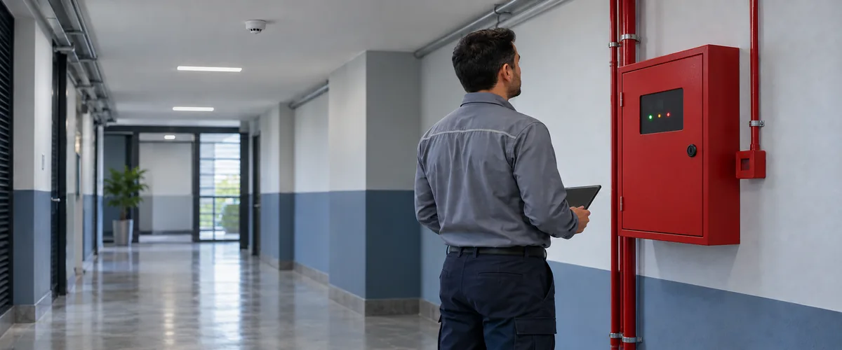 Profissional com tablet observando painel fechado de alarme de incêndio em corredor corporativo