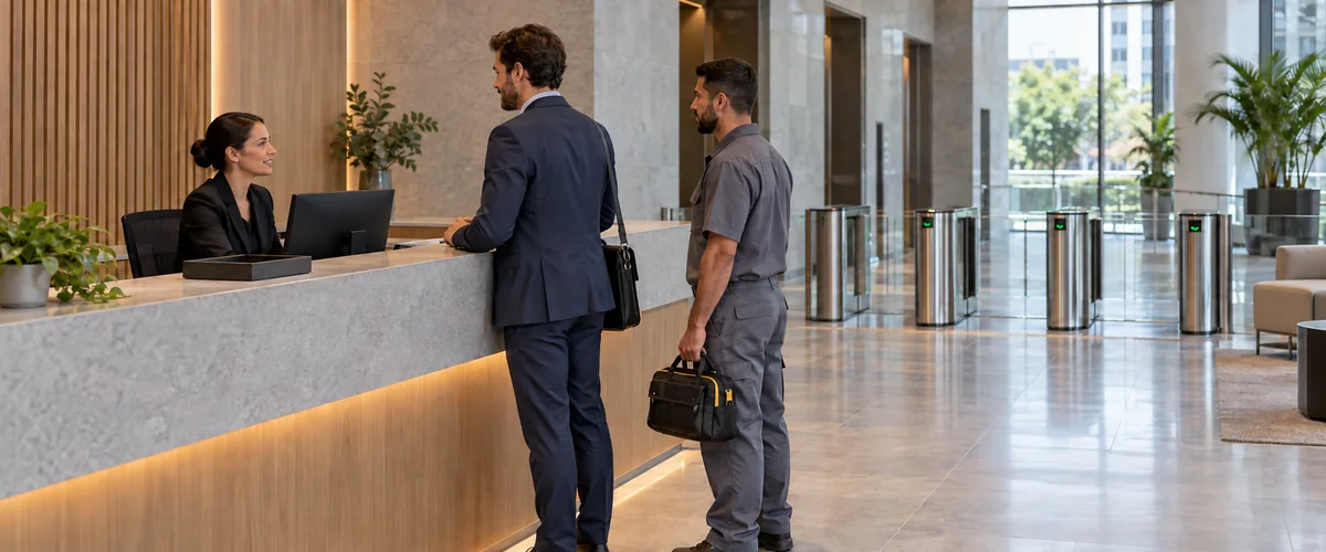 Recepcionista atende visitante e prestador em hall corporativo com portões de acesso ao fundo; imagem ilustrativa