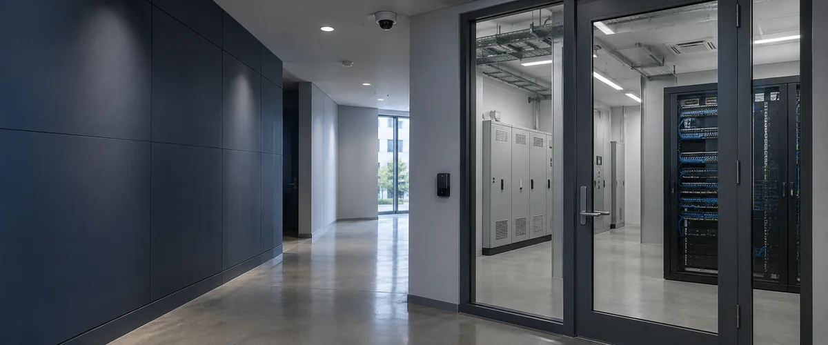 Corredor corporativo com câmera, leitor de acesso e sala técnica com painéis e rack