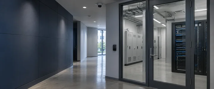 Corredor corporativo com câmera, leitor de acesso e sala técnica com painéis e rack