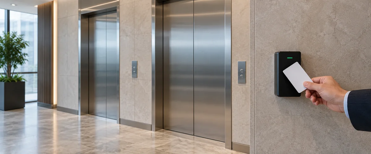 Cartão de acesso apresentado a leitor em um hall de elevadores corporativos; imagem ilustrativa