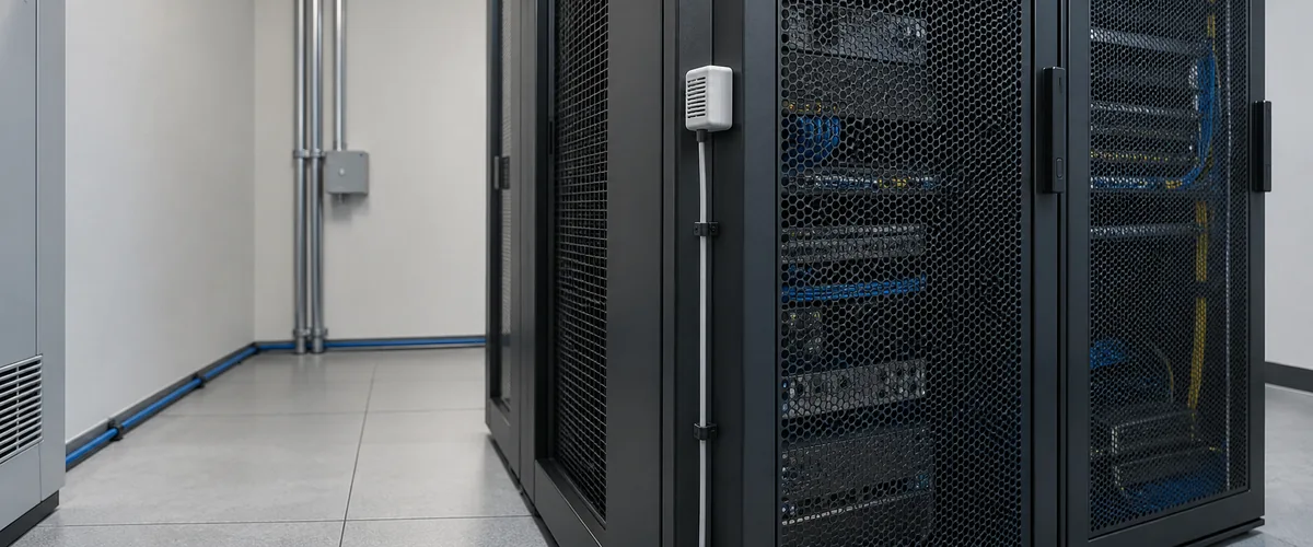 Sensor ambiental junto a racks e cabo de detecção no piso de uma sala técnica; imagem ilustrativa