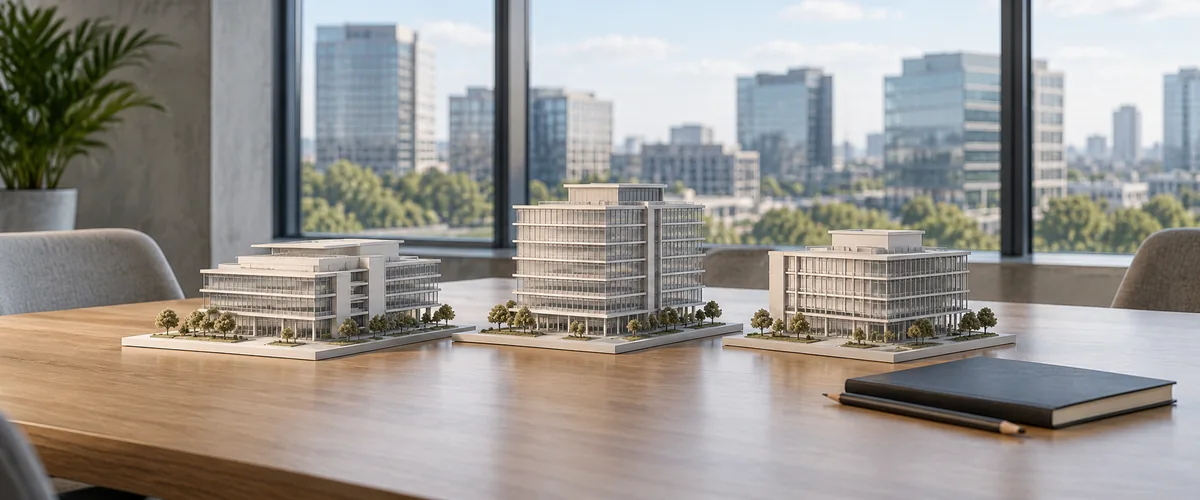 Maquetes de três edifícios corporativos sobre mesa de planejamento, com prédios ao fundo