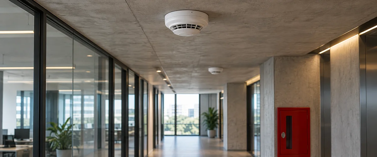 Detectores de fumaça no teto de corredor corporativo com divisórias de vidro; imagem ilustrativa