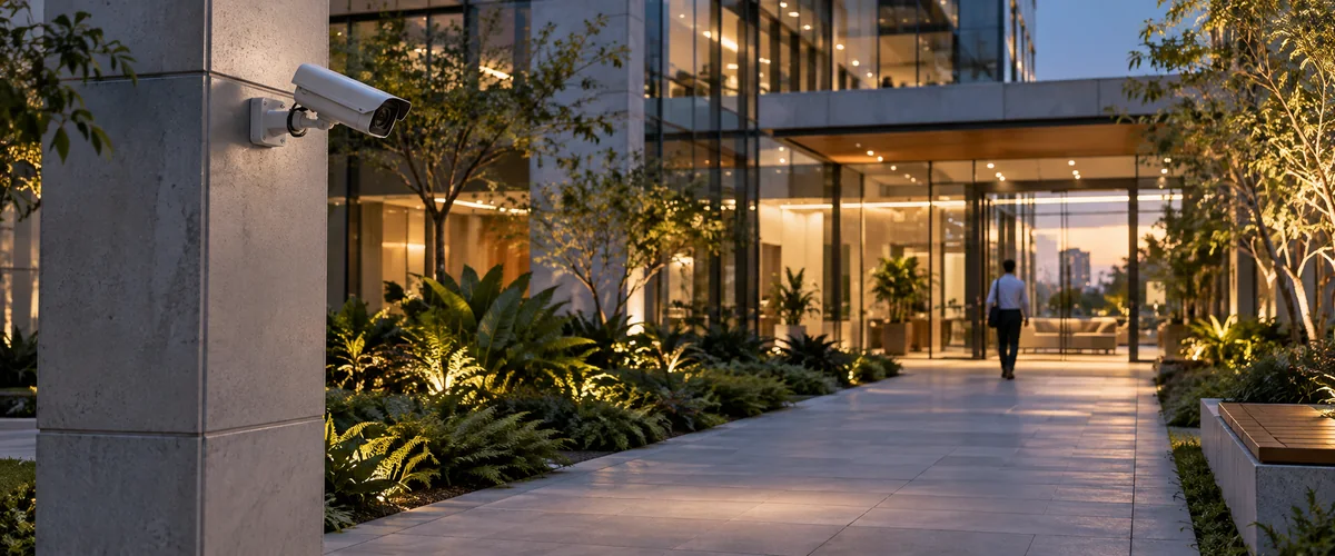 Câmera fixa voltada para passagem de pedestres em ambiente corporativo ao entardecer; imagem ilustrativa